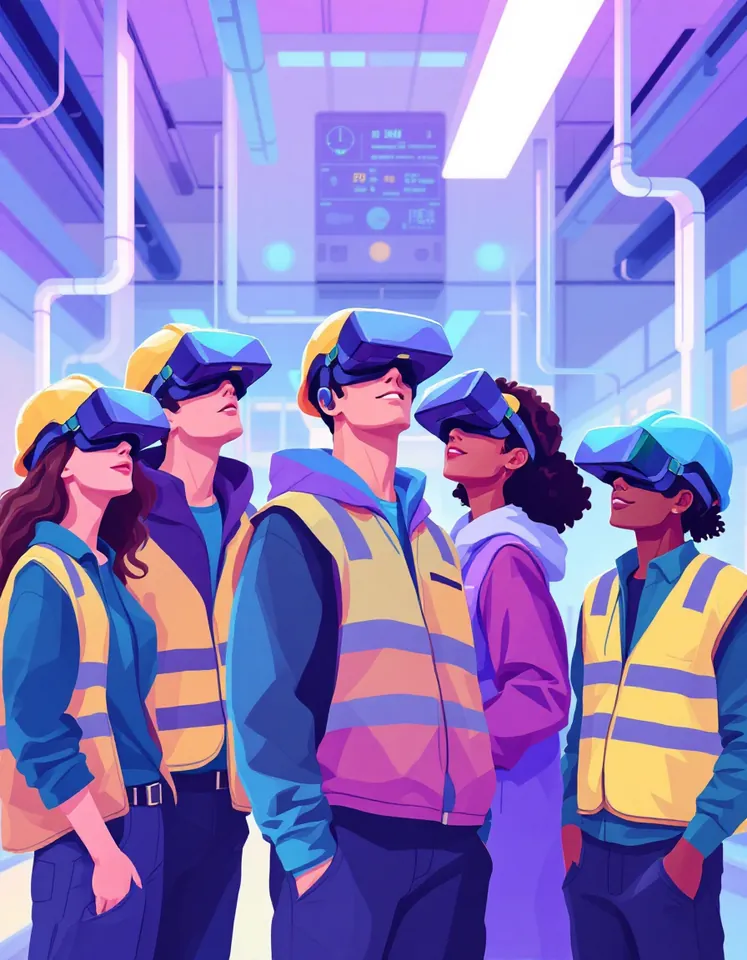 Tradespeople using virtual reality headsets in an immersive training environment